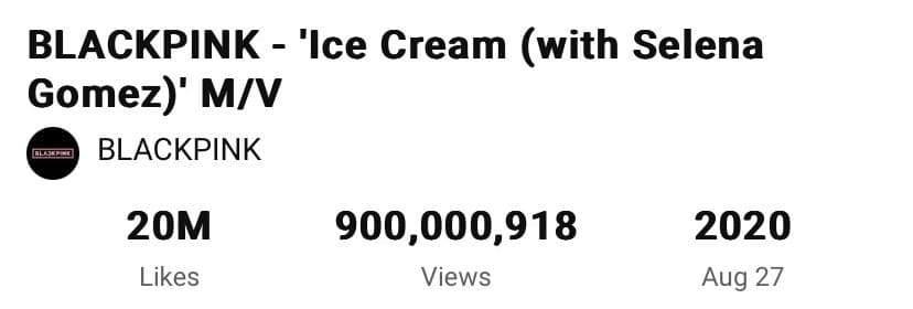 «Ice Cream» становится шестым клипом BLACKPINK, набравшим 900 миллионов просмотров