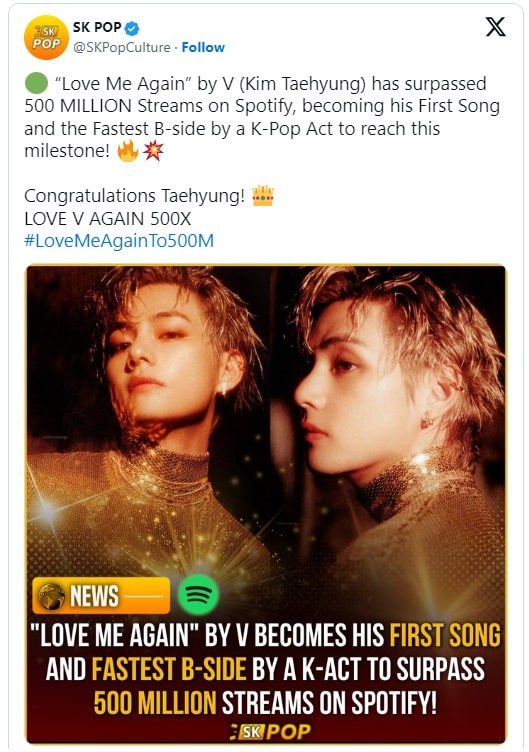 «Love Me Again» Ви из BTS стал самым быстрым би-сайд треком K-Pop артиста, набравшим 500 миллионов прослушиваний на Spotify