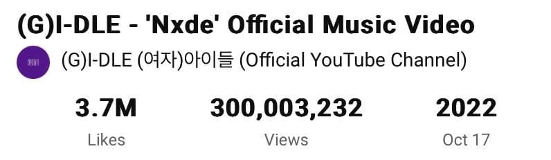 «Nxde» стал третьим клипом (G)I-DLE, набравшим 300 миллионов просмотров