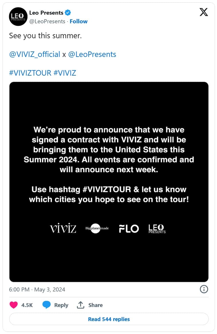 VIVIZ подписали контракт с американской компанией Leo Presents для своего тура по США